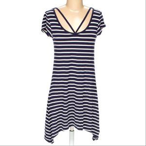Strappy Striped Scoop Neck Short Sleeve Edgy Asymmetric Navy T-Shirt Mini Dress